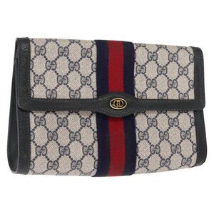 GUCCI GG Supreme Sherry Line Clutch Bag PVC Leather Navy 84 01 006 Auth 149456